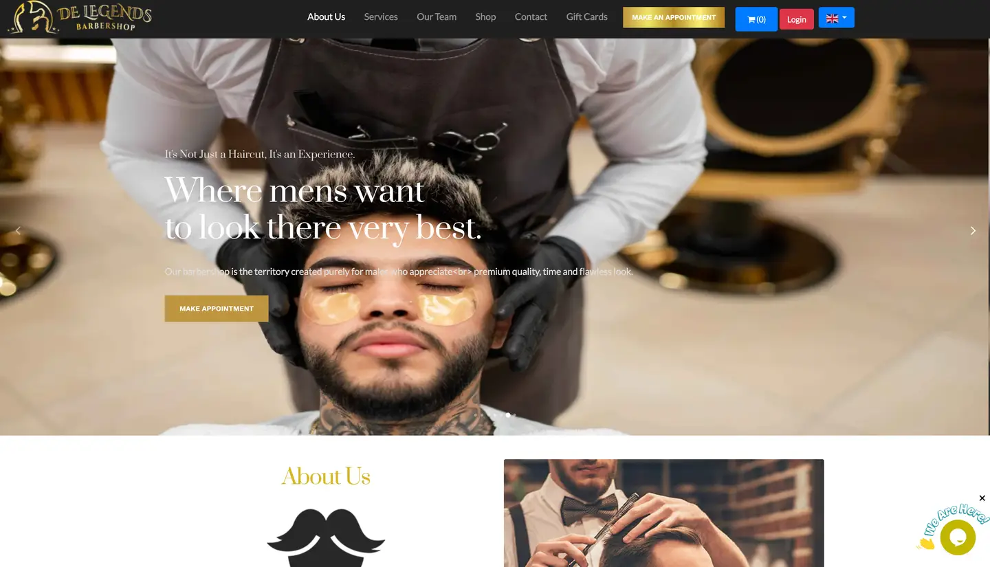 De Legends Barbershop website with appointment booking and grooming services — view 2