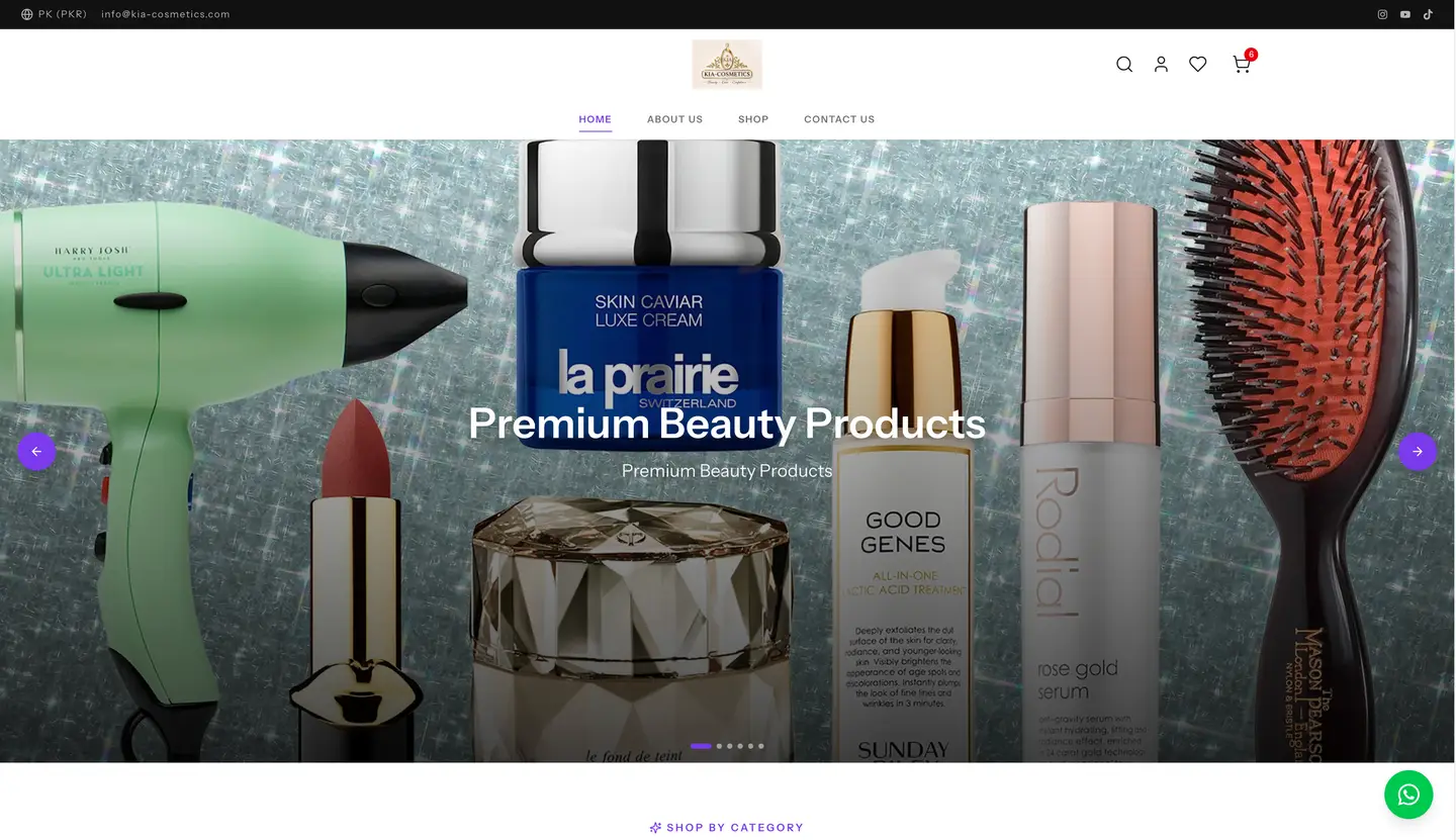 KIA Cosmetics eCommerce website for beauty and skincare products developed by Encoder Technologies — view 1