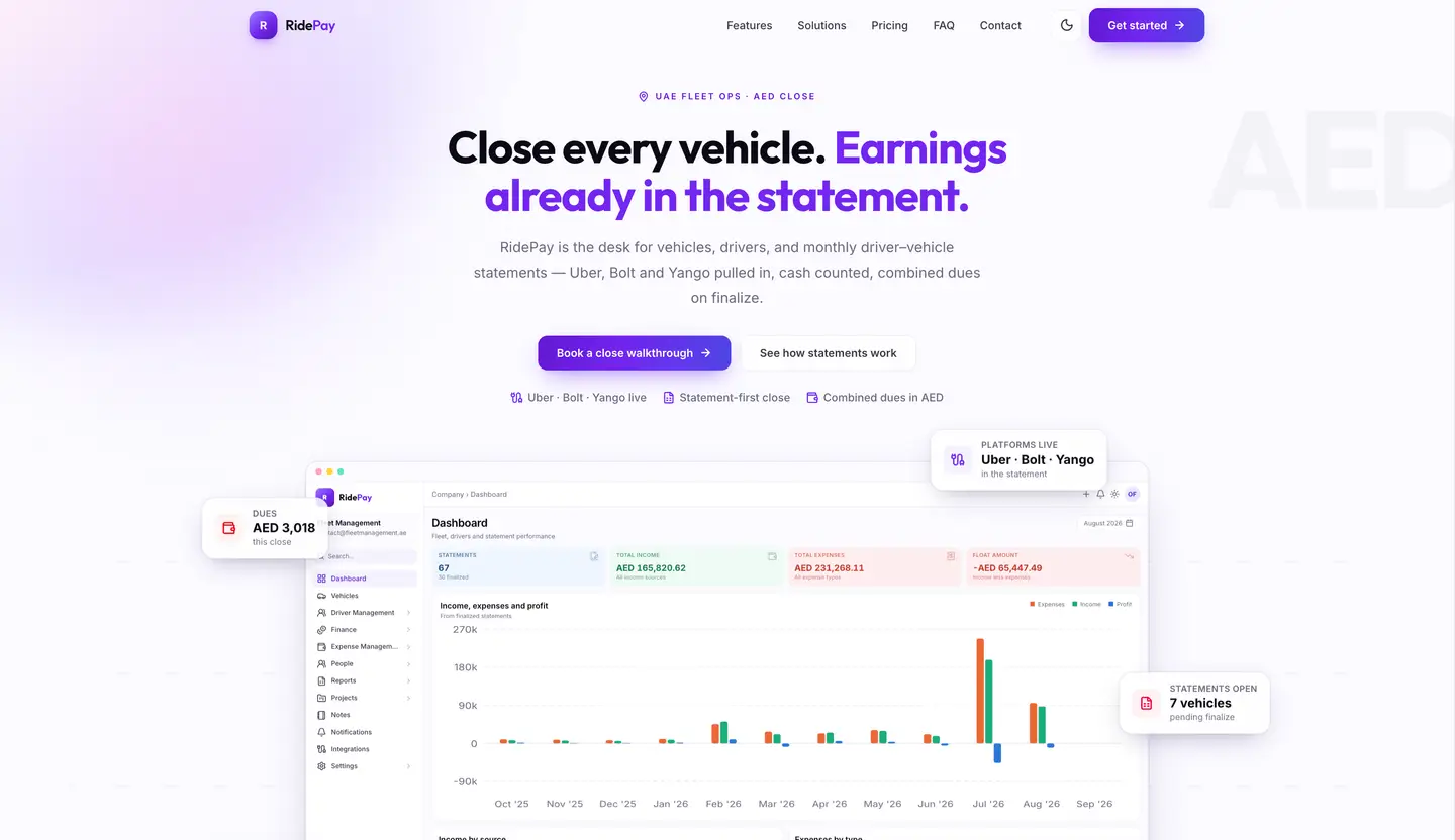 RidePay business website for fleet operations, payments and trip tracking — view 1