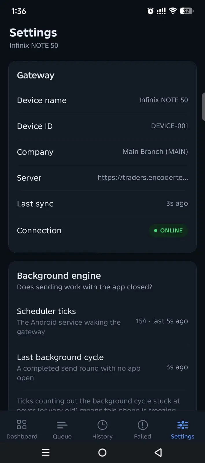 SimTriggerr custom SMS gateway sending messages from a physical SIM — view 3